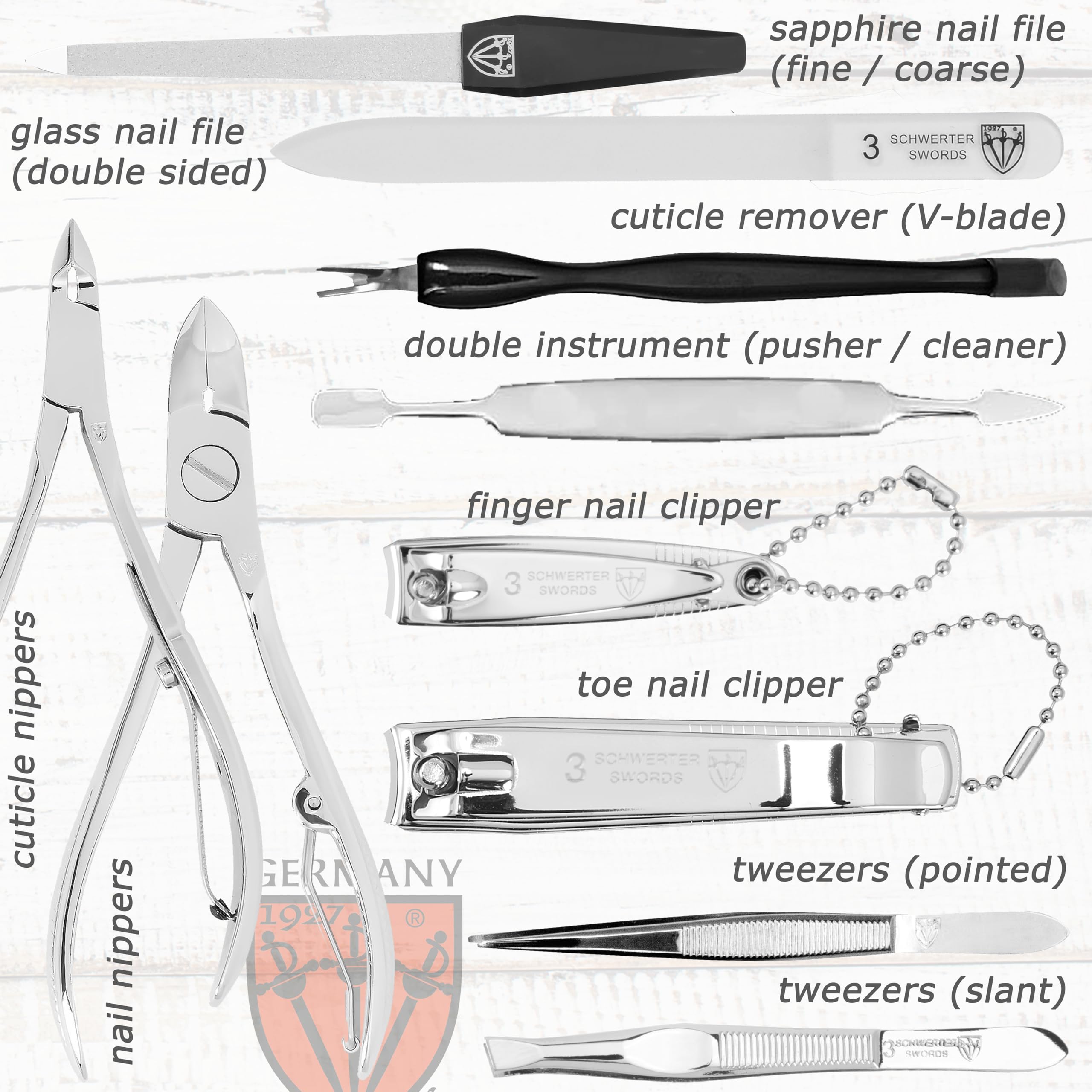 3 Swords Germany - brand quality 12 piece manicure pedicure grooming kit set for professional finger & toe nail care scissors clipper fashion leather case in gift box, Made in Solingen Germany (03850)
